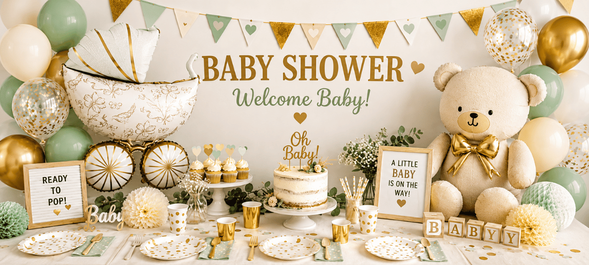 Elegante Baby Shower Partydeko mit Ballons, Kinderwagen, Teddybär, Torte und festlich dekoriertem Tisch in Creme, Mint und Gold.