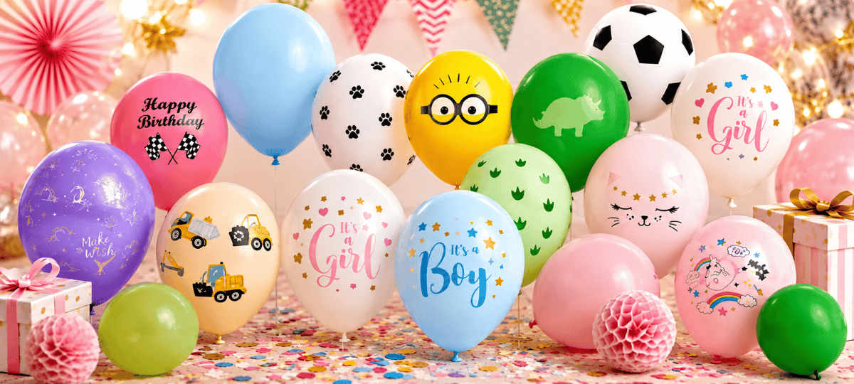Bunte Latexballons mit verschiedenen Motiven für Kindergeburtstag, Baby Shower und Partydekoration.
