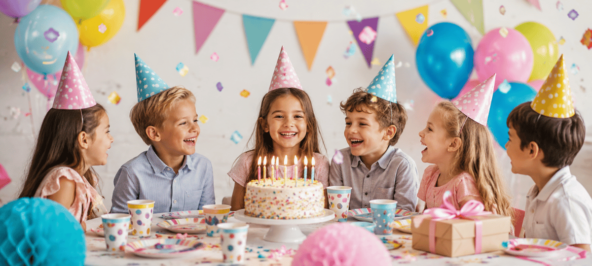Fröhliche Kinder feiern einen Kindergeburtstag mit Ballons, Girlanden und Geburtstagstorte in festlich dekorierter Umgebung