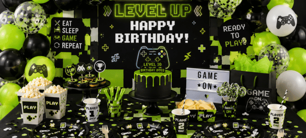 Gaming Party Deko für Kindergeburtstag mit Videospiel-Motiven, Controllern, Ballons und passendem Gamer Partyzubehör