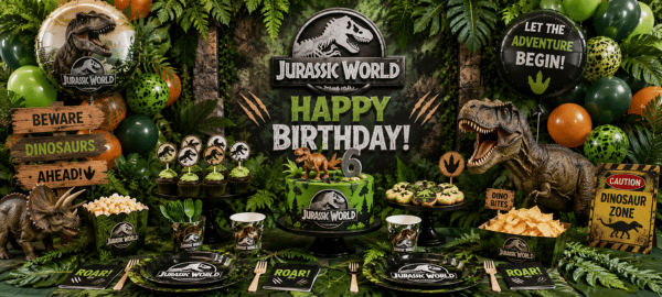 Jurassic World Party Deko für Kindergeburtstag mit Dinosauriern, Dschungelmotiven, Ballons und passendem Dino Partyzubehör