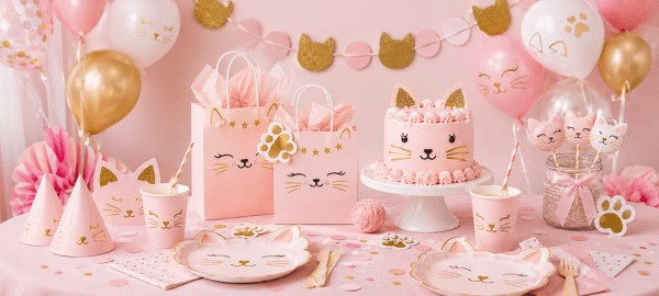 Katzenparty Deko für Kindergeburtstag mit Katzenmotiv, Partygeschirr, Ballons und Geburtstagstorte in Rosa