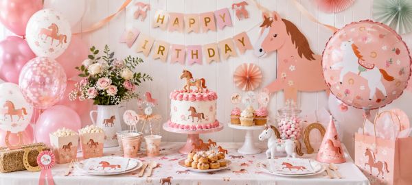 Pferde Party Deko für Kindergeburtstag mit Pferdemotiven, Ballons, Geburtstagstorte und passendem Partyzubehör