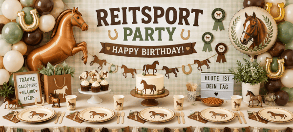 Reitsport Party Deko für Kindergeburtstag mit Pferdemotiven, Hufeisen, Ballons und passendem Partyzubehör für Pferdefans