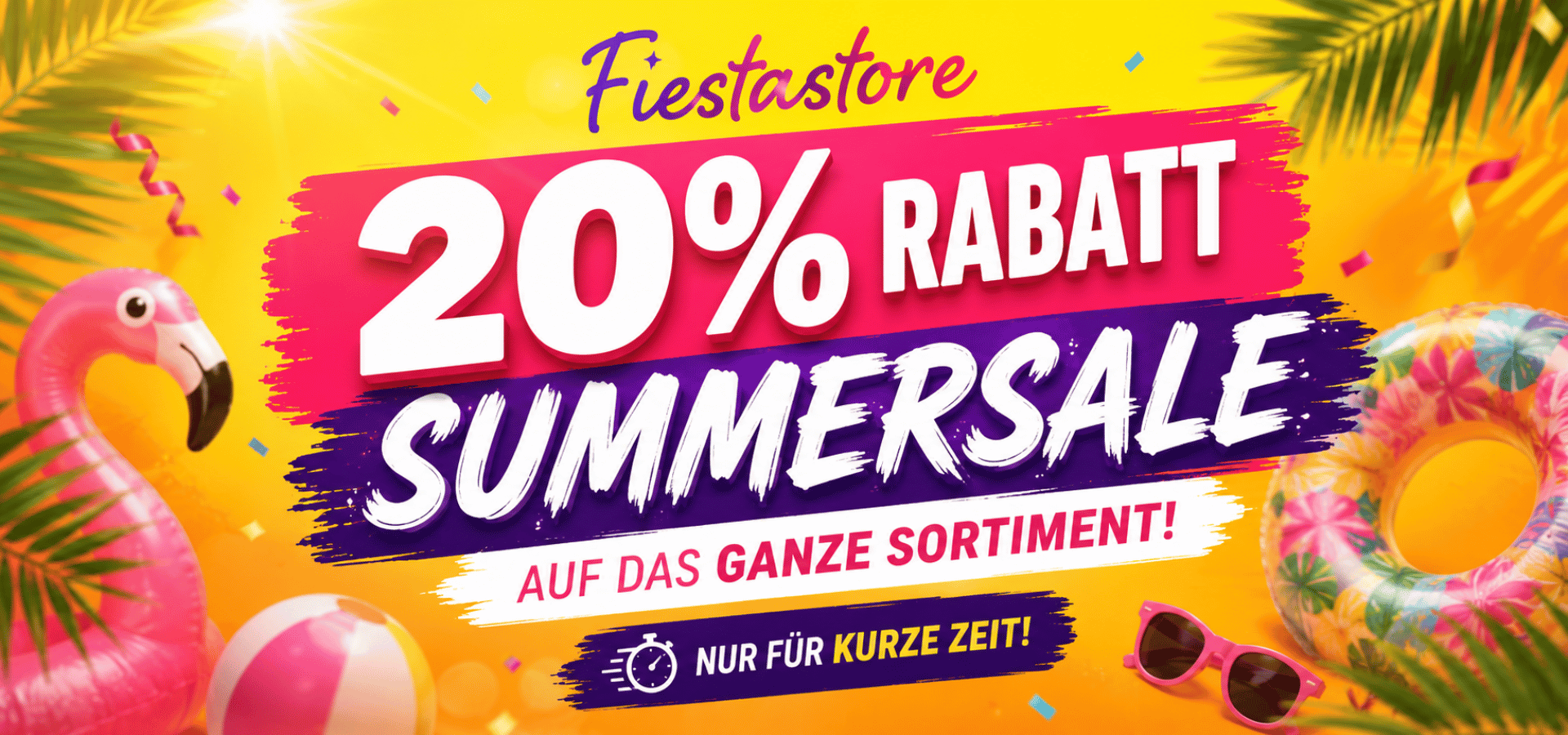 Fiestastore Summersale mit 20 Prozent Rabatt auf das ganze Sortiment. Nur für kurze Zeit. Sommerliches Banner mit Flamingo, Schwimmring und Strandaccessoires.