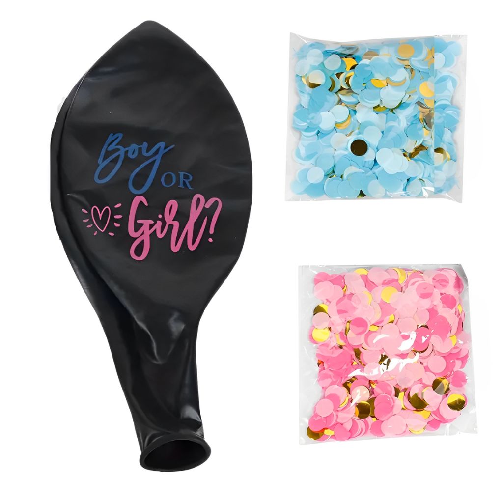 Hier sehen sie einen Gender Reveal Ballon mit entsprechendem Zubehör