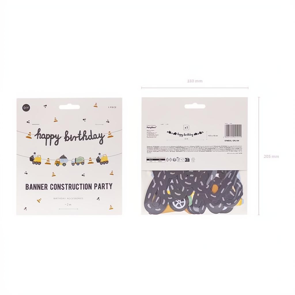 Banner Happy birthday Baufahrzeuge, 2 m Banner PartyDeco 5 fiestastore