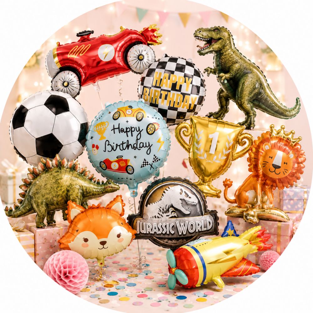 Bunte Folienballons für Geburtstage und Motto-Partys mit Dinosauriern, Fahrzeugen, Tieren, Fussballmotiven, Pokalen und Happy-Birthday-Designs.