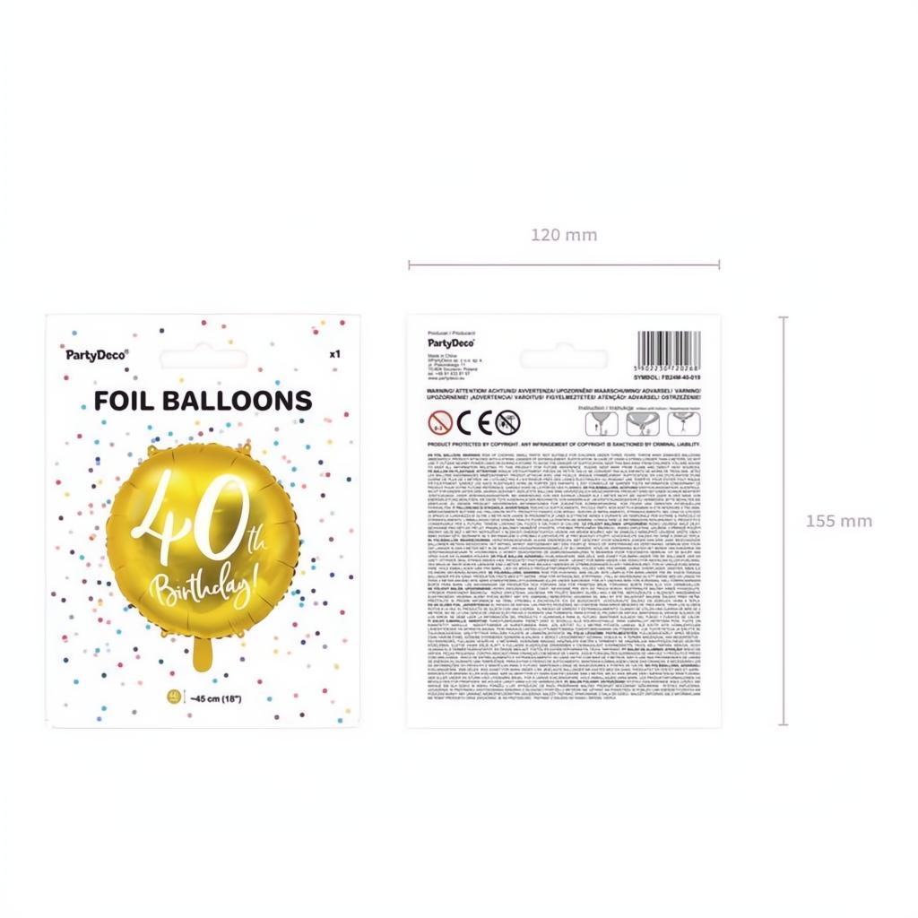 Folienballon 40th Birthday, gold, 45cm PartyDeco 7 fiestastore
