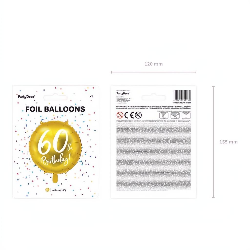 Folienballon 60th Birthday, gold, 45cm PartyDeco 6 fiestastore