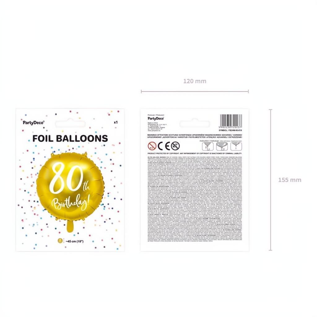 Folienballon 80th Birthday, gold, 45cm PartyDeco 5 fiestastore