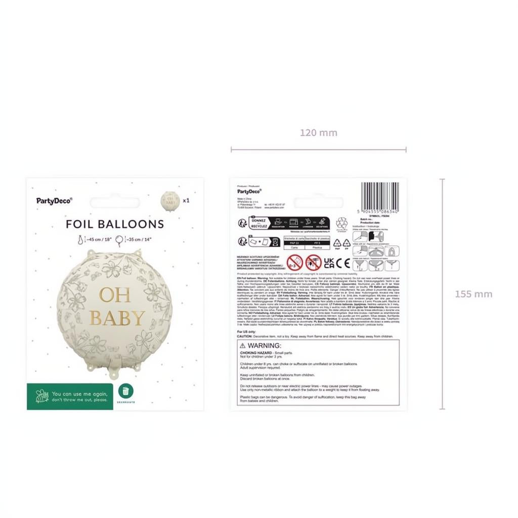 Folienballon Scheibe Oh Baby, 35x35 cm PartyDeco 7 fiestastore