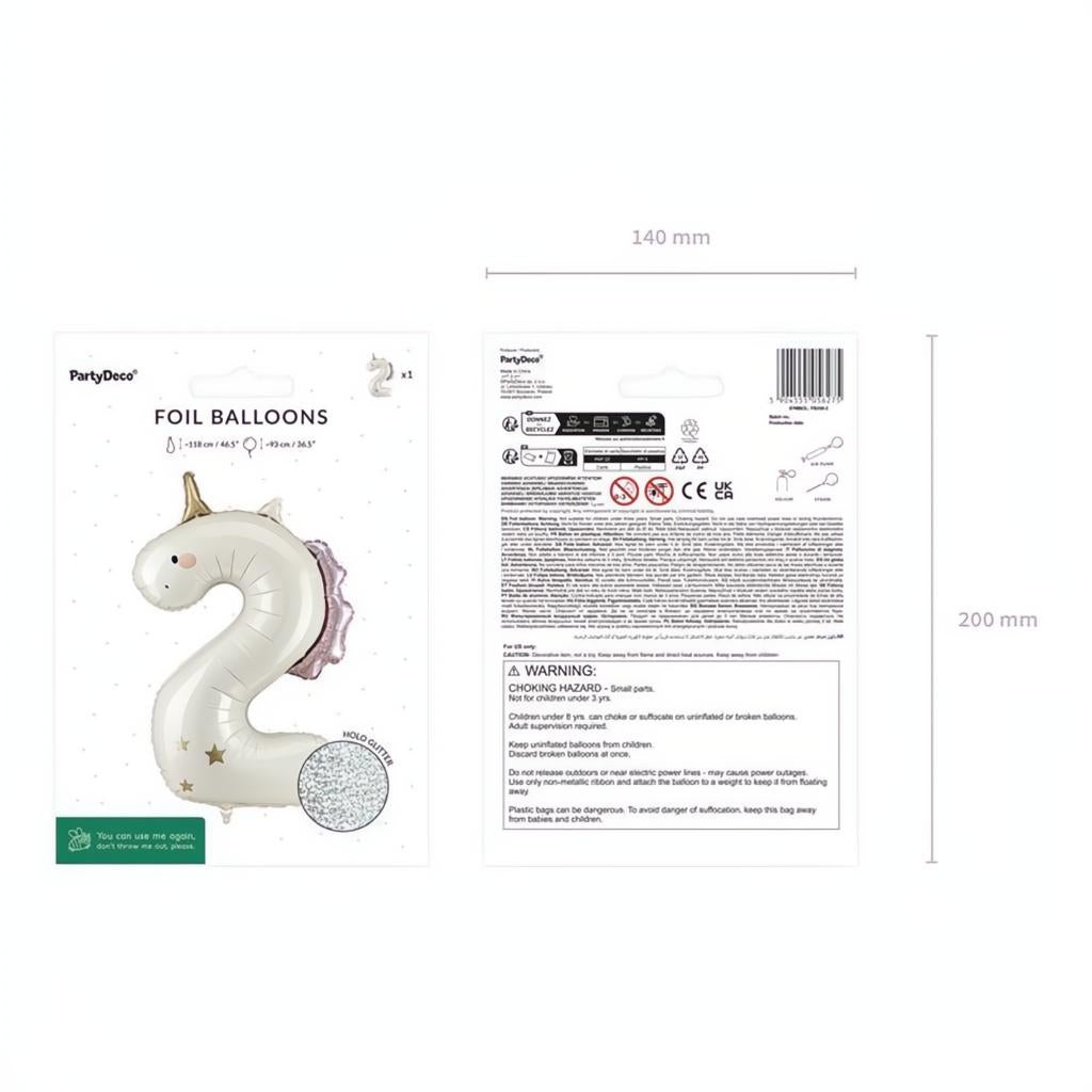 Folienballon Zahl ''2'' Einhorn, 93 cm PartyDeco 4 fiestastore