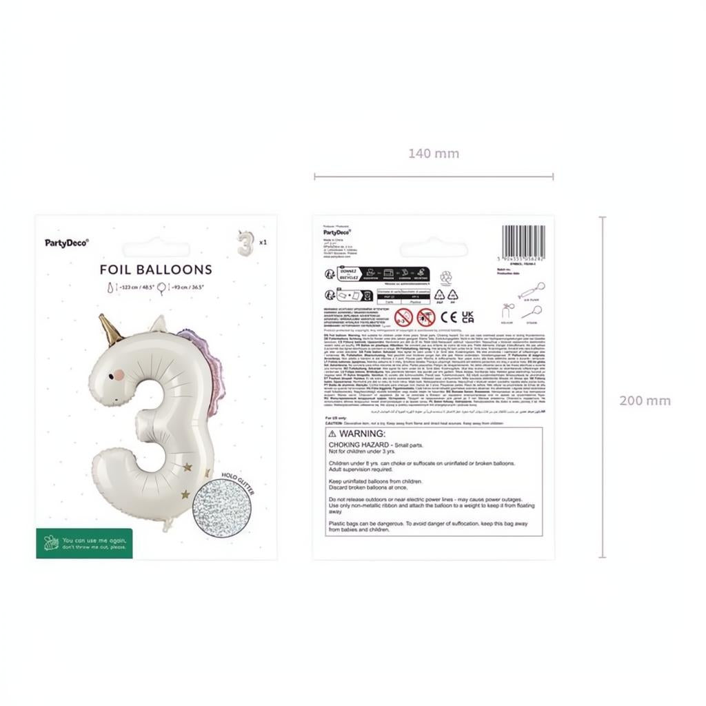 Folienballon Zahl ''3'' Einhorn, 93 cm PartyDeco 4 fiestastore