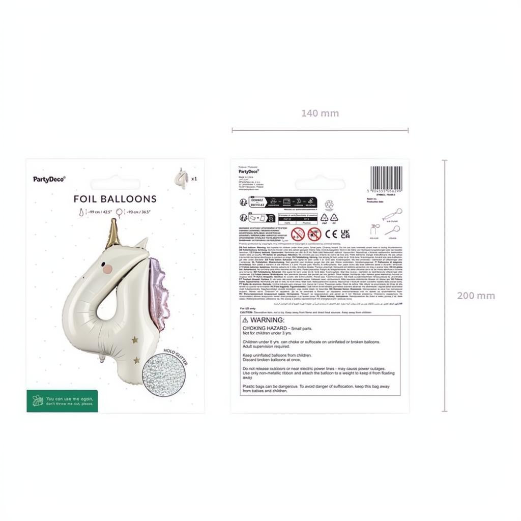 Folienballon Zahl ''4'' Einhorn, 93 cm PartyDeco 3 fiestastore