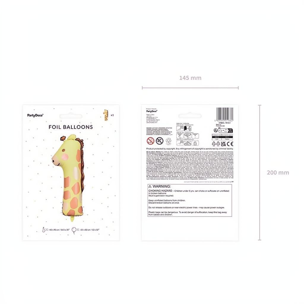 Folienballon Ziffer 1 - Giraffe, 48x96 cm PartyDeco 5 fiestastore