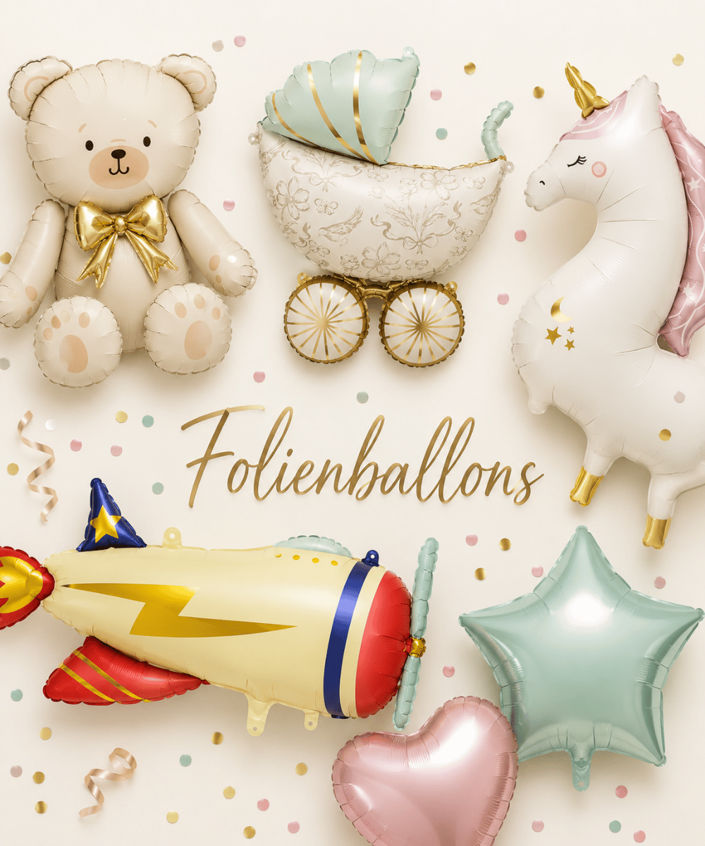 Dekorative Folienballons in verschiedenen Formen wie Teddybär, Kinderwagen, Einhorn und Flugzeug für Geburtstage, Baby Shower und Partys.