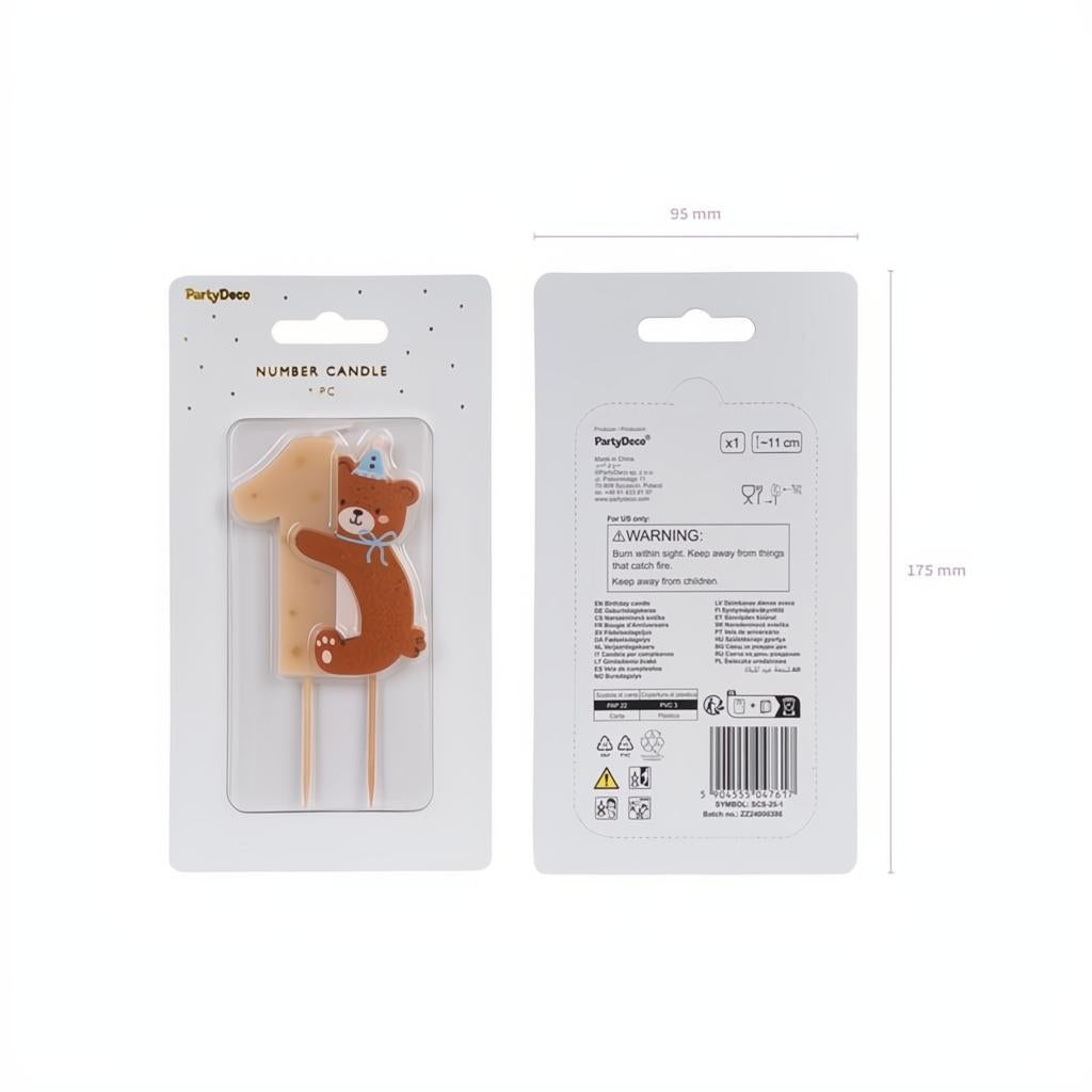 Geburtstagskerze Zahl 1 mit Teddybär, 7 cm Ziffernkerzen PartyDeco 4 fiestastore
