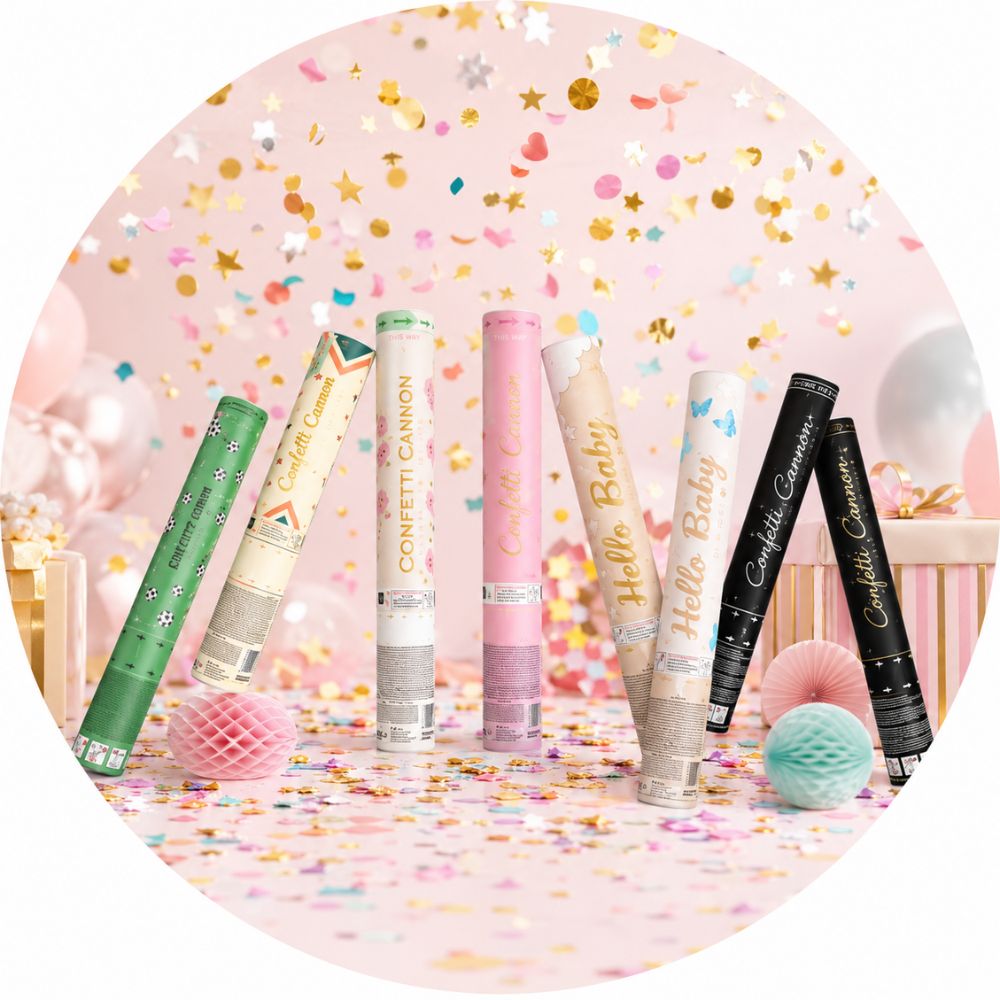 Entdecken Sie bunte Konfetti-, Sternen-, Luftschlangen- und Schmetterlings-Konfettikanonen für Geburtstage, Hochzeiten, Baby Showers und viele weitere Anlässe.