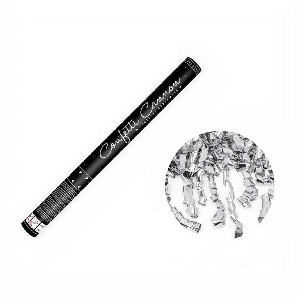 Konfettikanone mit Luftschlangen, silber, 60cm PartyDeco 1 fiestastore