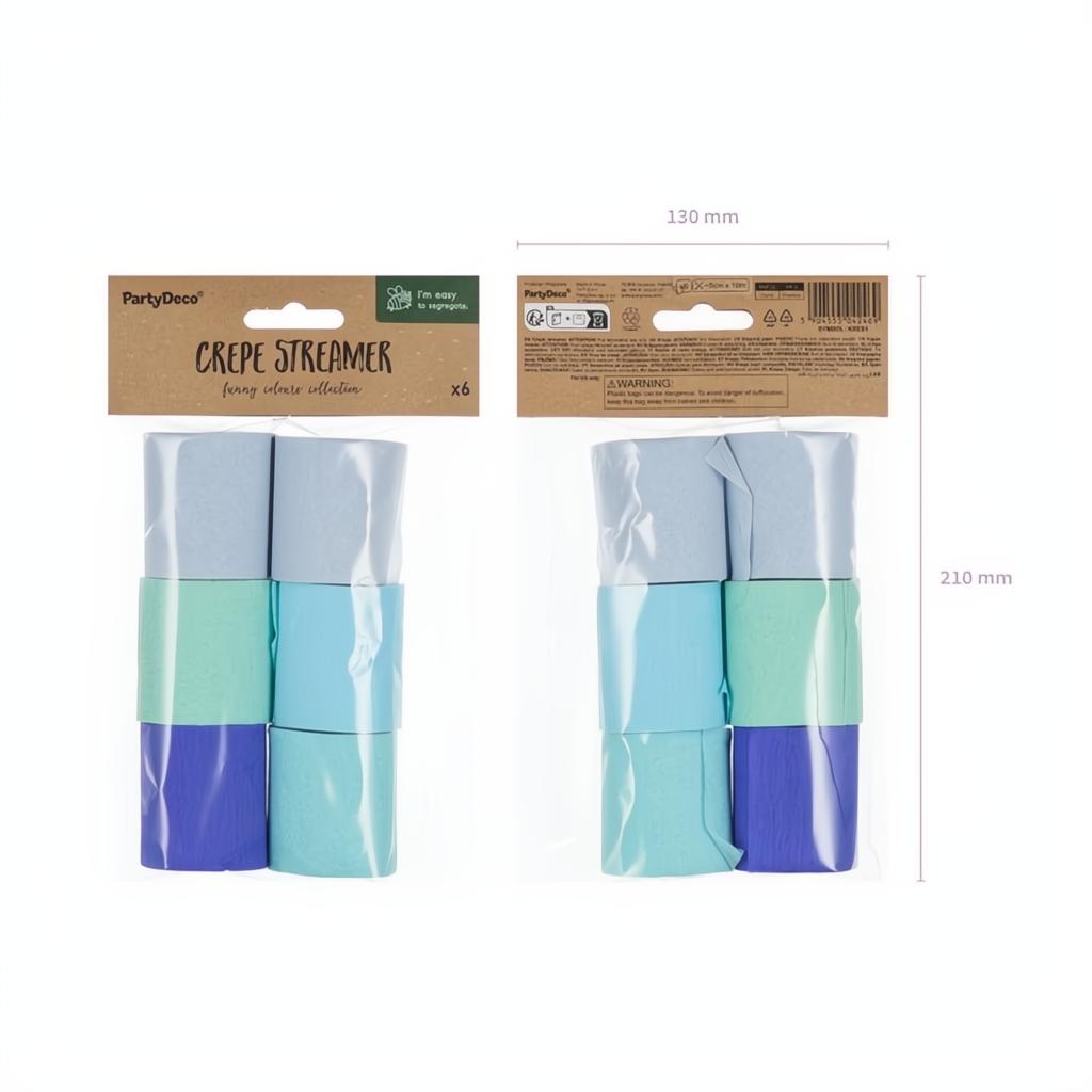 Krepppapier 5 cm/10 m, Set mit 6 Stück, blau-grün PartyDeco 3 fiestastore