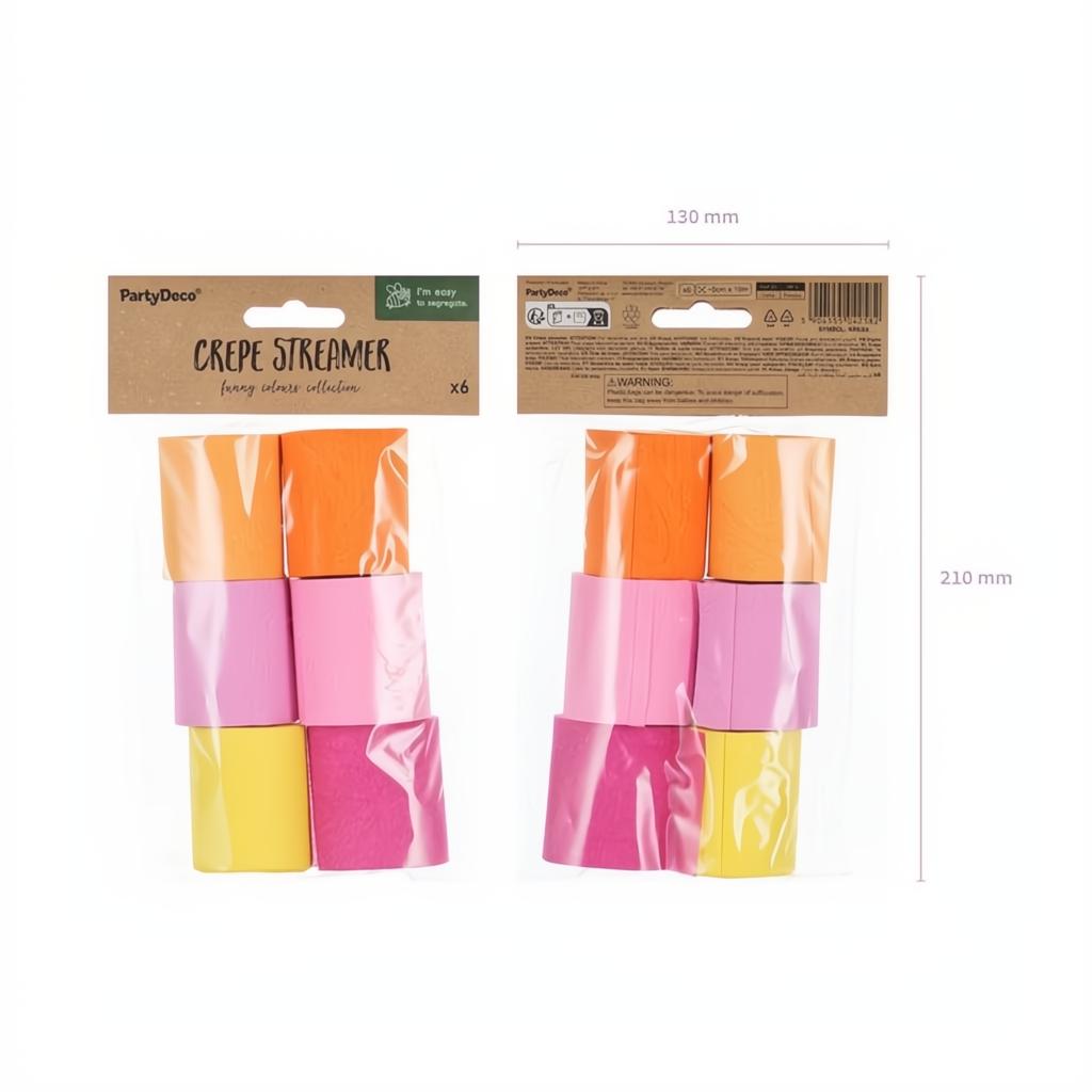 Krepppapier 5 cm/10 m, Set mit 6 Stück, Sommerfarben Mix PartyDeco 4 fiestastore