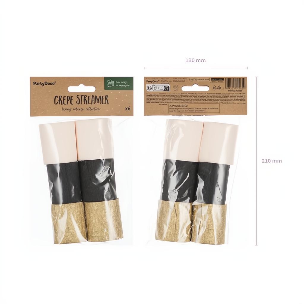 Krepppapier 5cm/10m, Set mit 6, Schwarz-Gold Mix PartyDeco 3 fiestastore