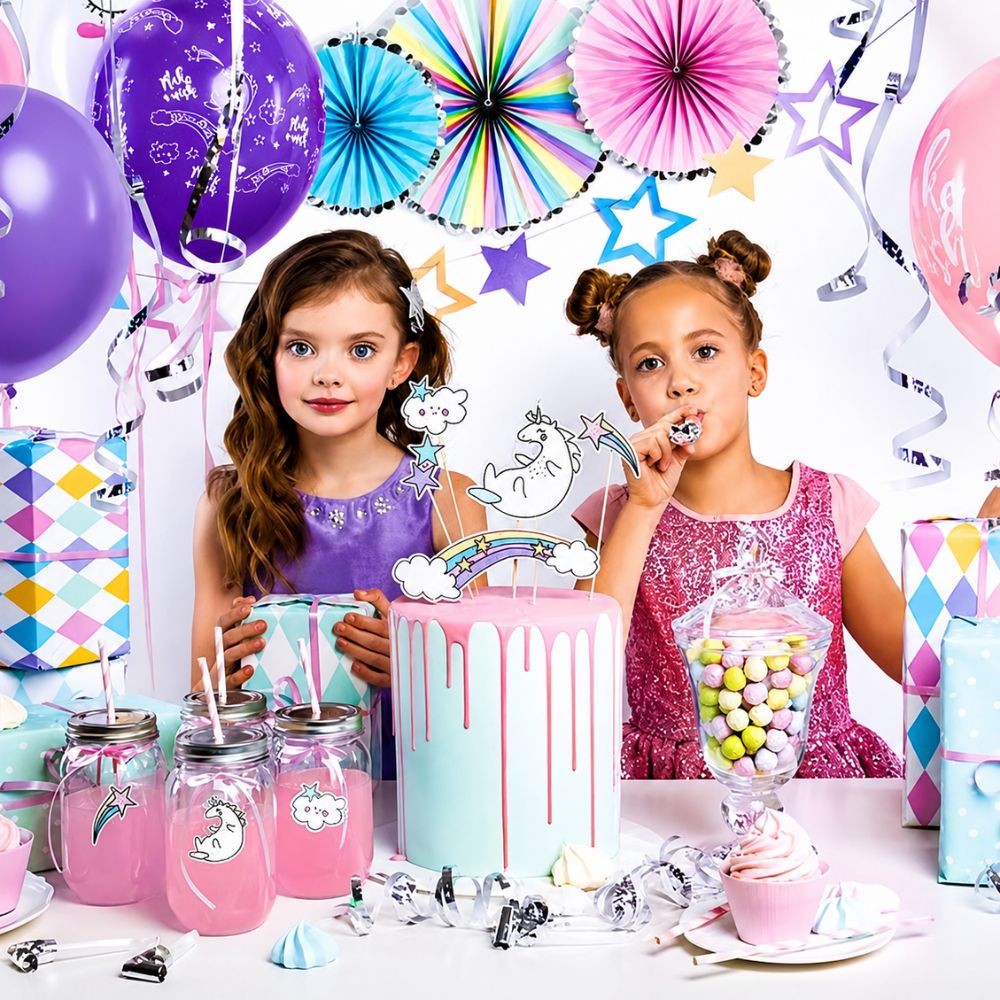 Einhorn Party-Dekorationsset für 6 Personen mit Ballons, Geburtstagstorte, Papptellern, Bechern, Servietten und passender Tischdekoration für Kindergeburtstage.